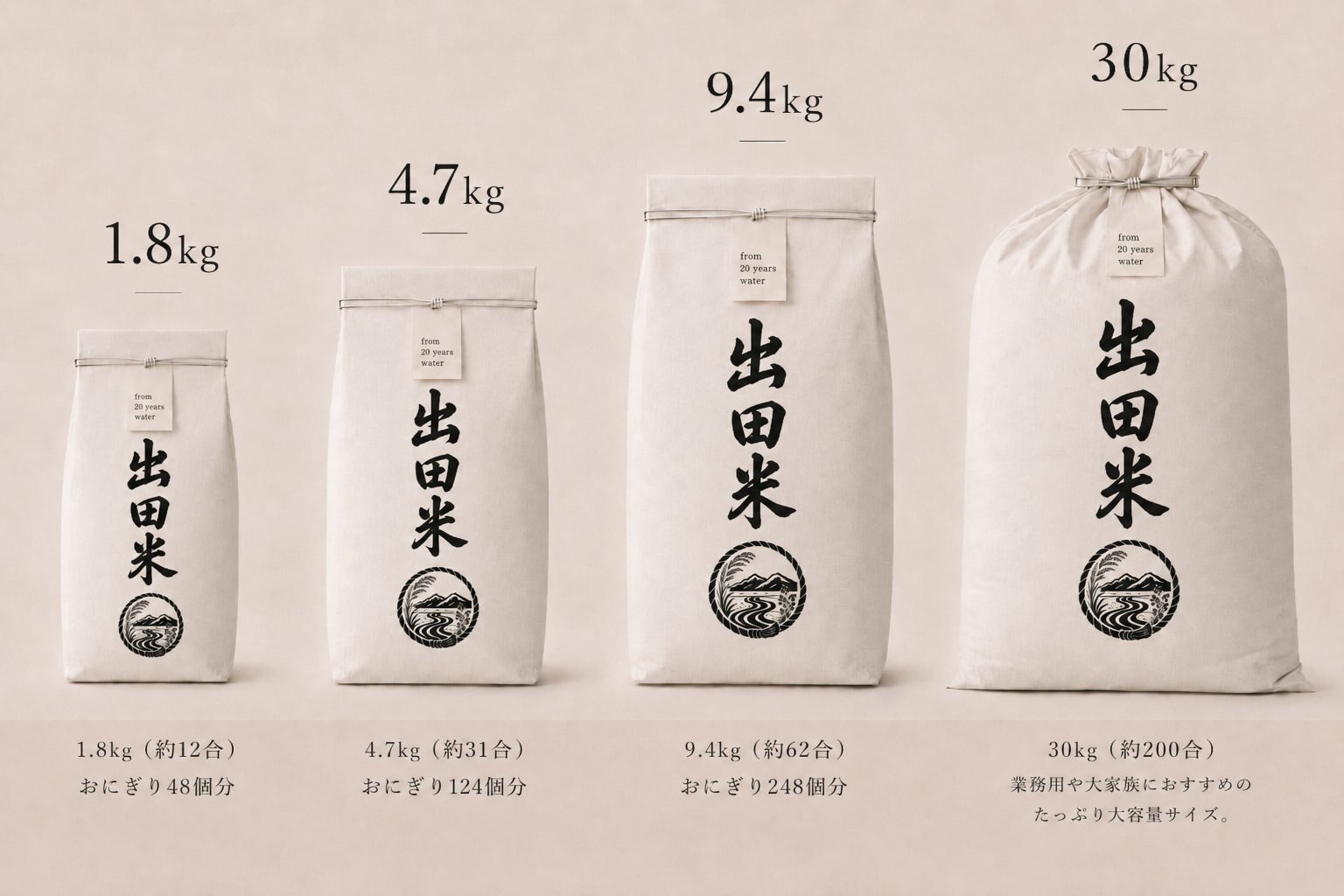 出田米の容量ラインナップ 1.8kg・4.7kg・9.4kg・30kg